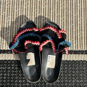 Anthropologie Loeffler Randall Olive Ruffle Slide Sandals size 6.5